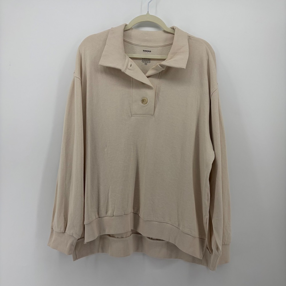 Sonoma Womens XL Beige Sweatshirt Collared Button Pullover Relaxed French Terry